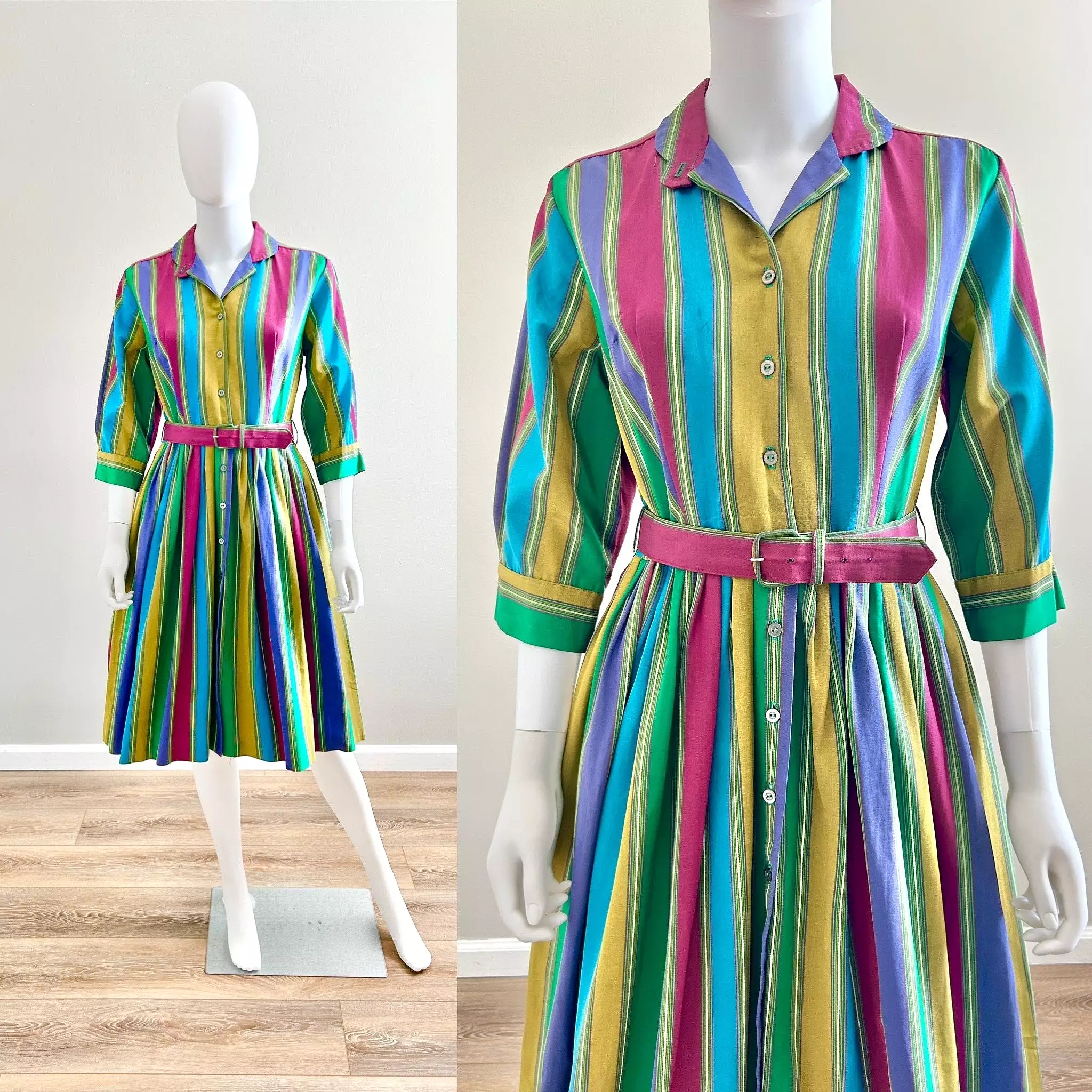 1950s Vintage Striped Fit and Flare Dress Retro Shirt Dress Size XS S