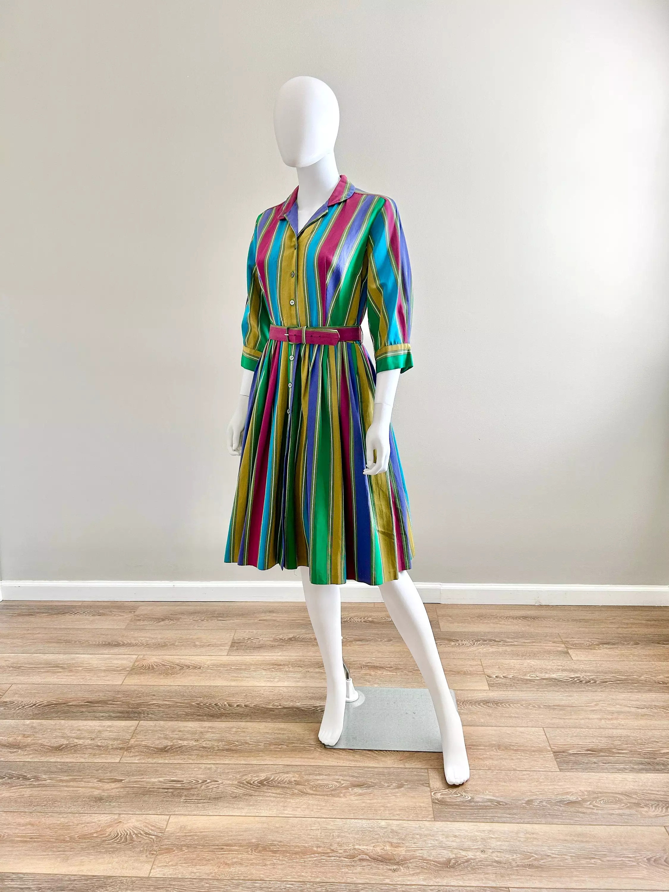 1950s Vintage Striped Fit and Flare Dress Retro Shirt Dress Size XS S