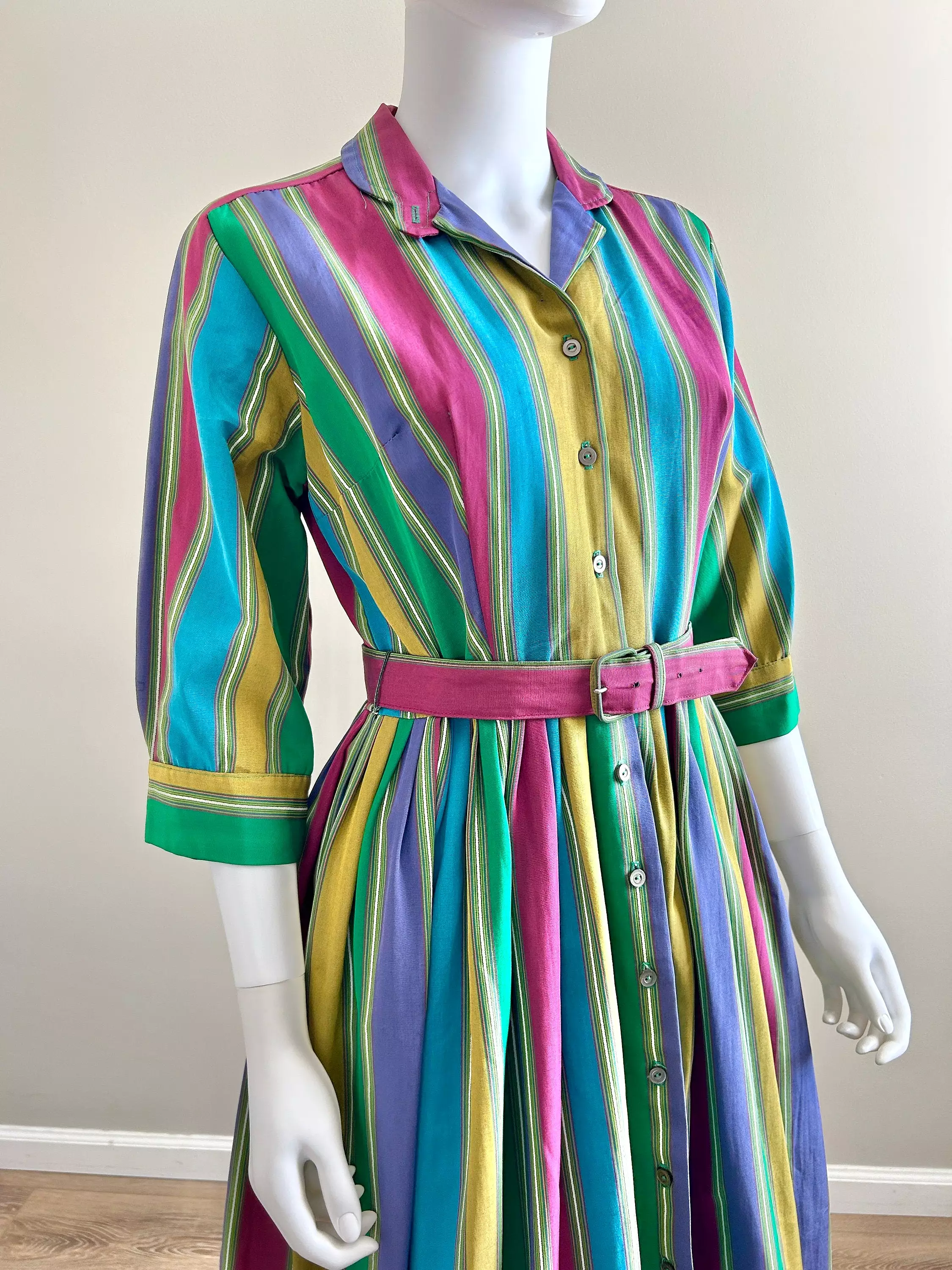 1950s Vintage Striped Fit and Flare Dress Retro Shirt Dress Size XS S