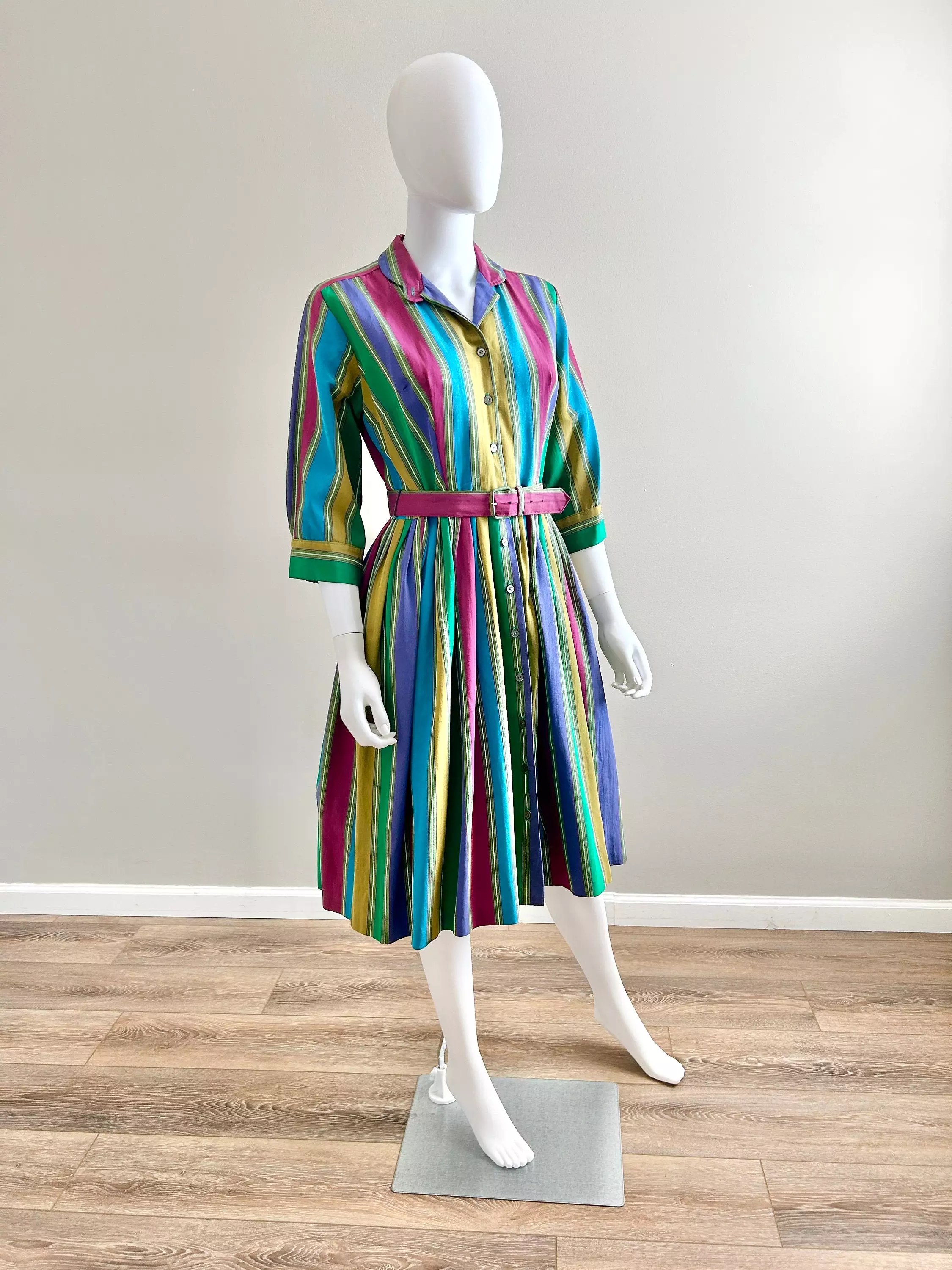 1950s Vintage Striped Fit and Flare Dress Retro Shirt Dress Size XS S