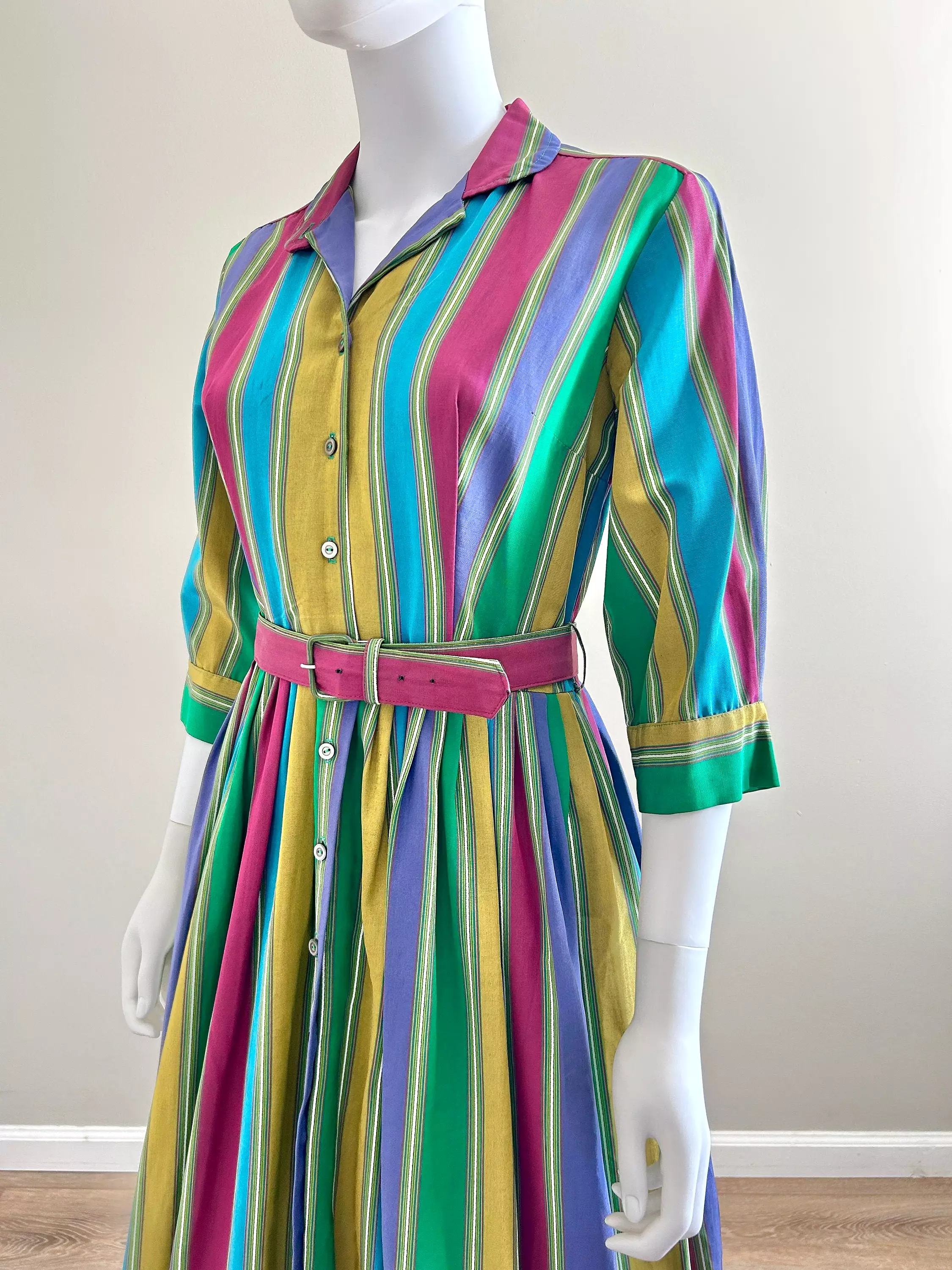 1950s Vintage Striped Fit and Flare Dress Retro Shirt Dress Size XS S