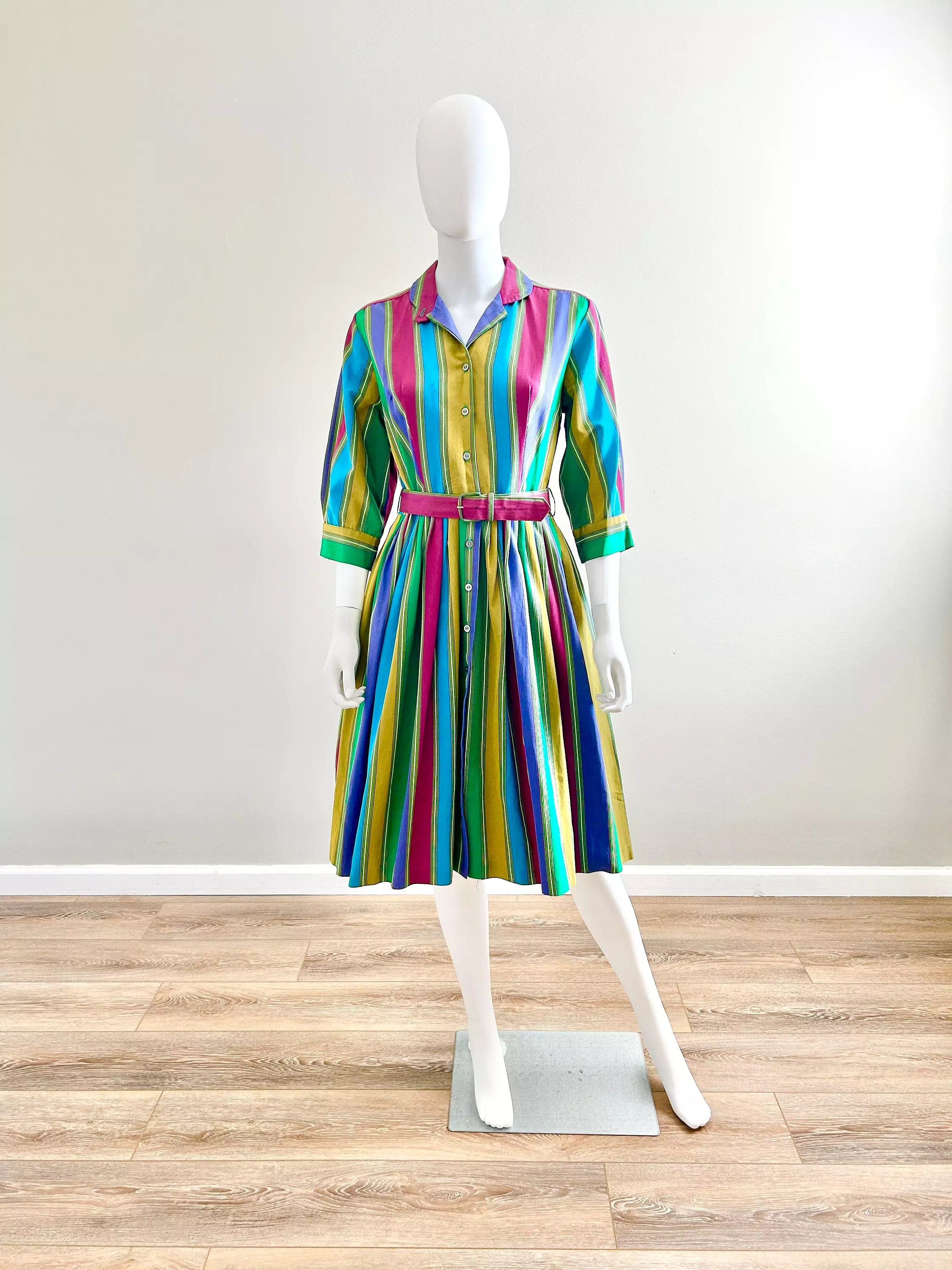 1950s Vintage Striped Fit and Flare Dress Retro Shirt Dress Size XS S