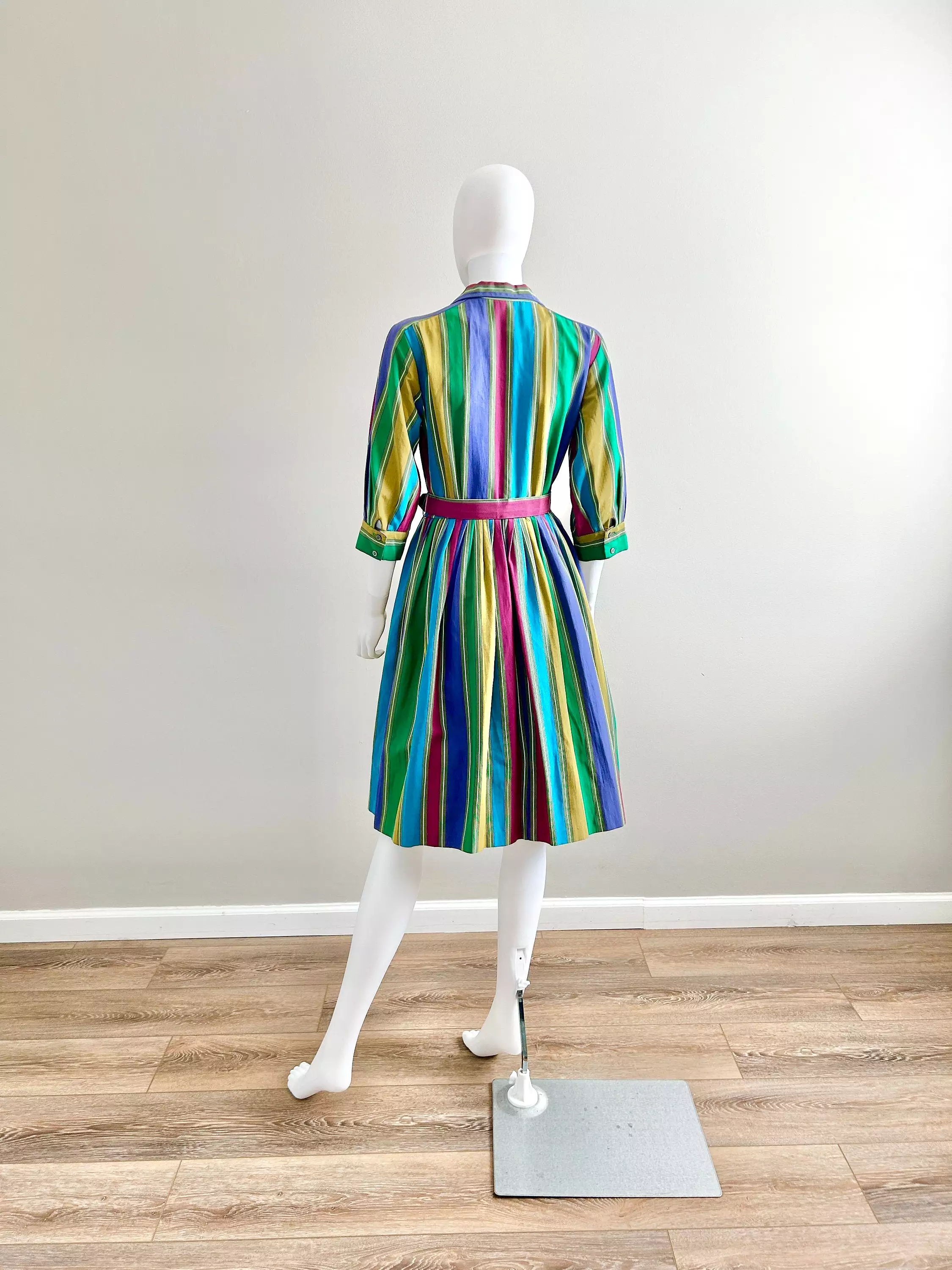 1950s Vintage Striped Fit and Flare Dress Retro Shirt Dress Size XS S