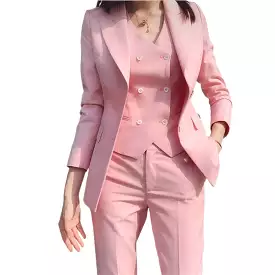 2022 Women's Solid Color Business Suit Set with Trousers, Waistcoat, Pink Blazers and Pants Vest