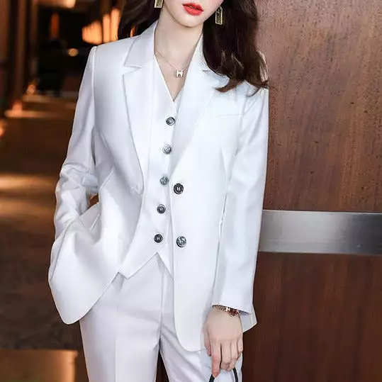 2022 Women's Solid Color Business Suit Set with Trousers, Waistcoat, Pink Blazers and Pants Vest