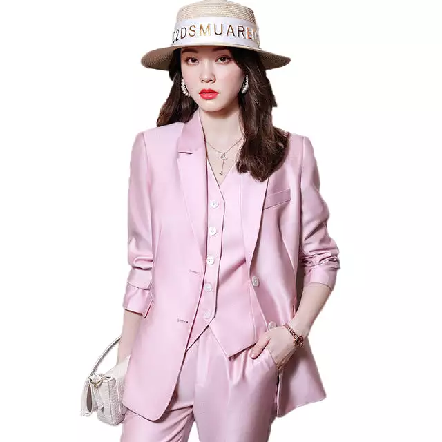 2022 Women's Solid Color Business Suit Set with Trousers, Waistcoat, Pink Blazers and Pants Vest