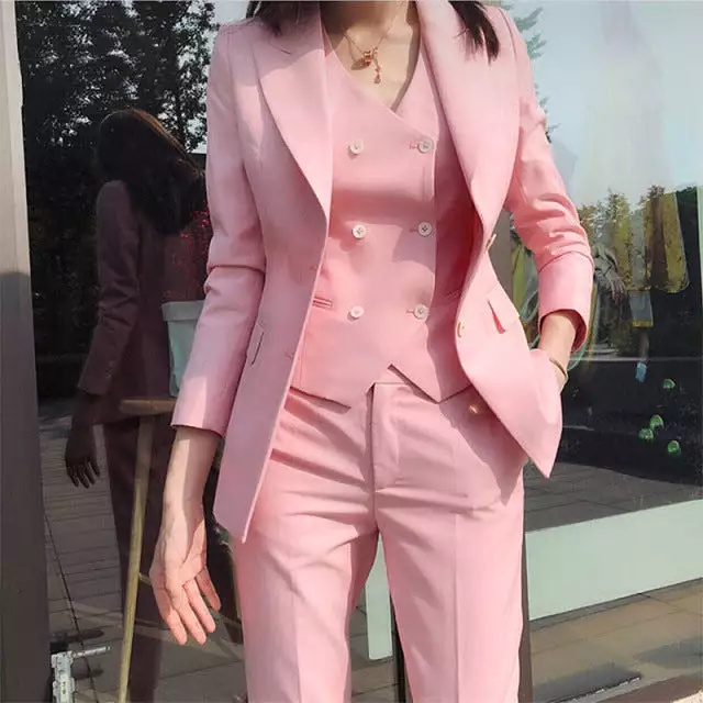 2022 Women's Solid Color Business Suit Set with Trousers, Waistcoat, Pink Blazers and Pants Vest