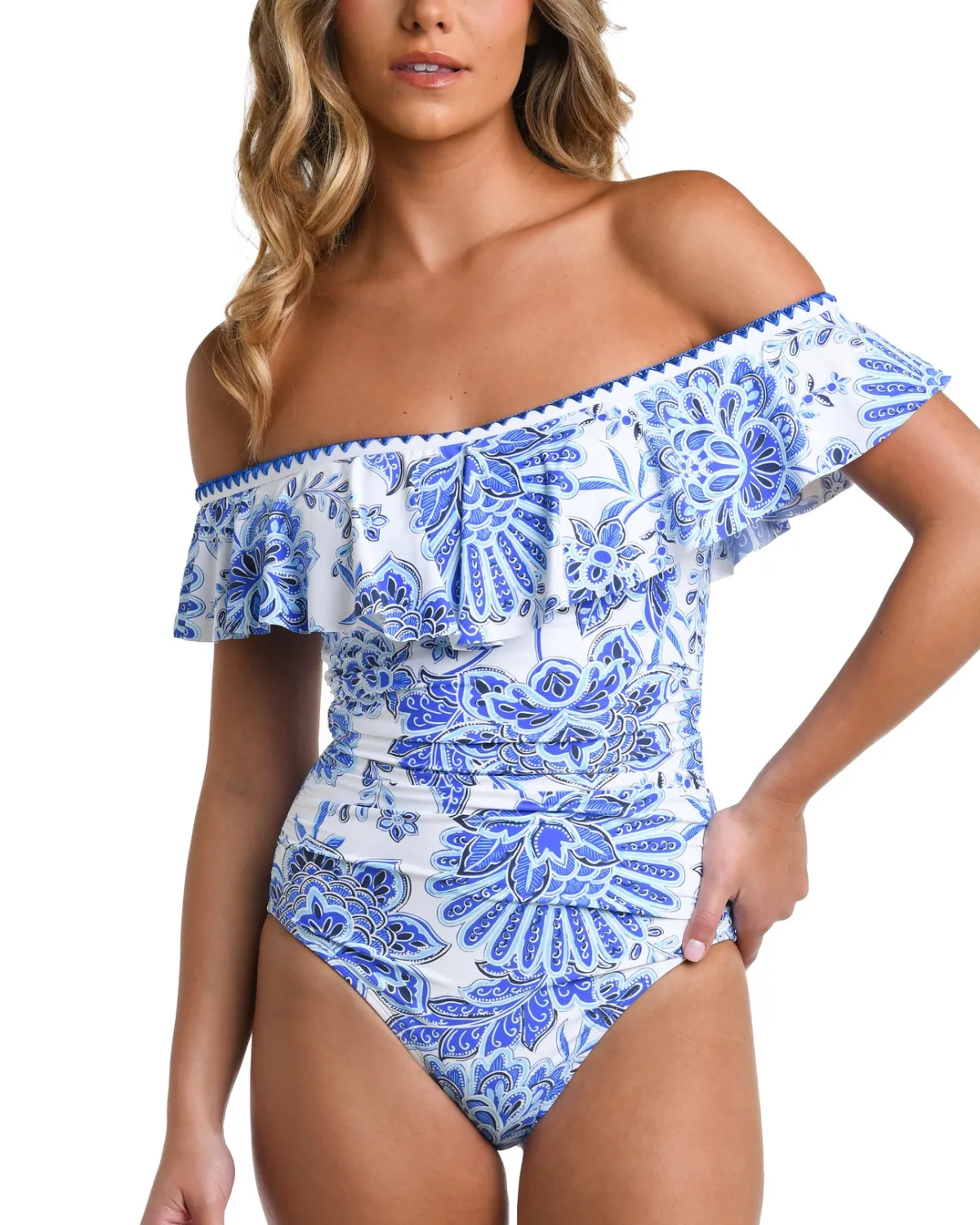 2024 La Blanca Pacific Off Shoulder Ruffle One Piece