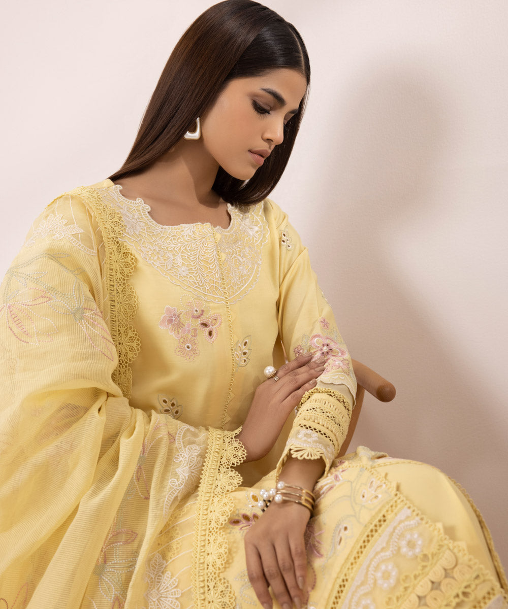 3 Piece - Cotton Satin Suit with Embroidery