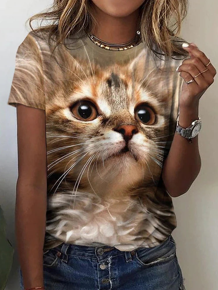 3D Brown Cat Print Tee for Women