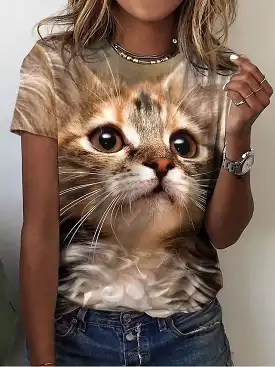 3D Brown Cat Print Tee for Women