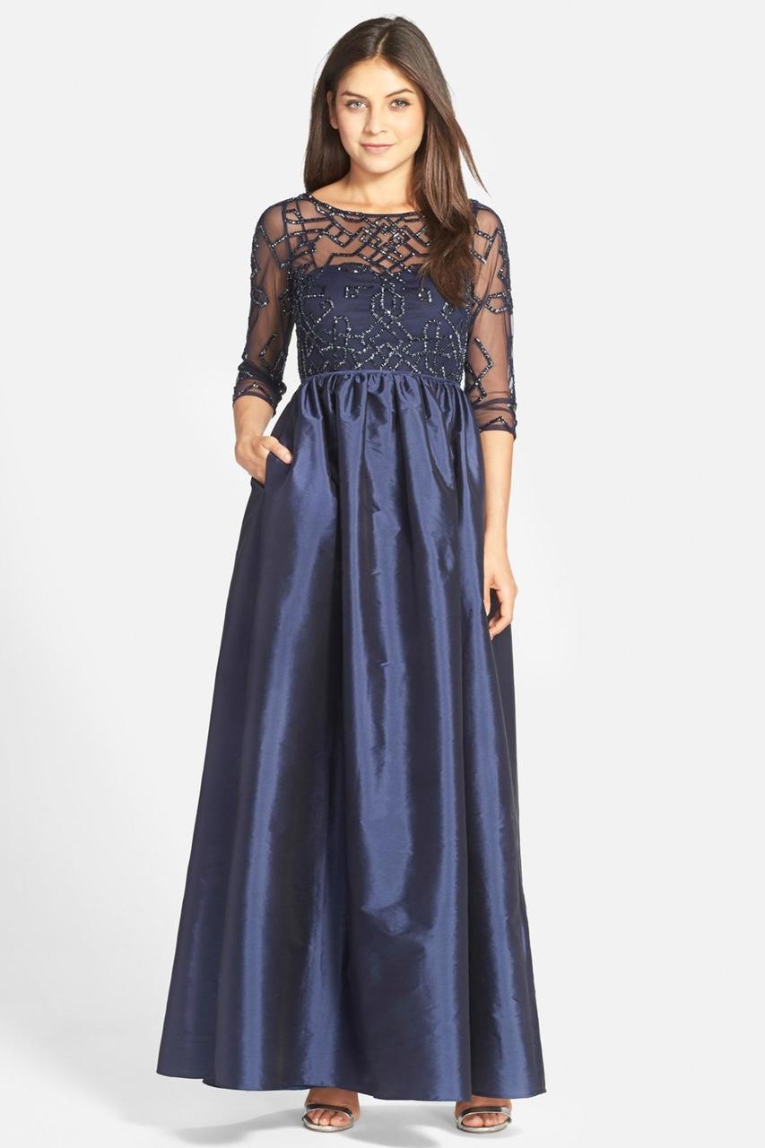 Adrianna Papell 91912620 Quarter Sleeve Illusion Taffeta Gown Navy Size 10