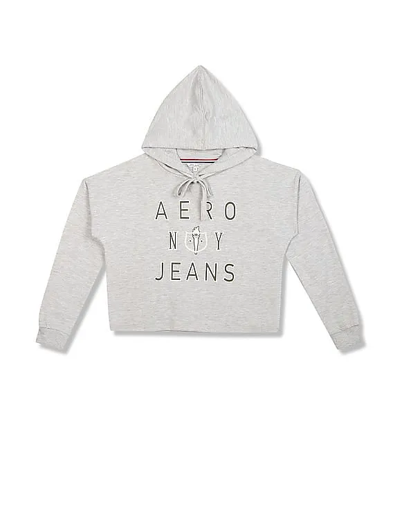 Aeropostale Women Light Grey Drawstring Hood Brand Print Heathered Sweatshirt for Women