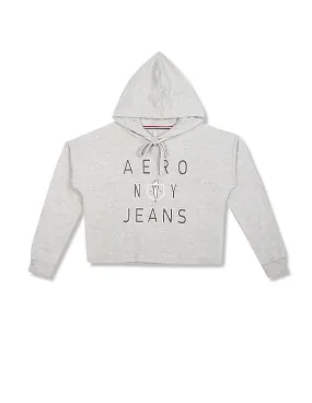 Aeropostale Women Light Grey Drawstring Hood Brand Print Heathered Sweatshirt for Women