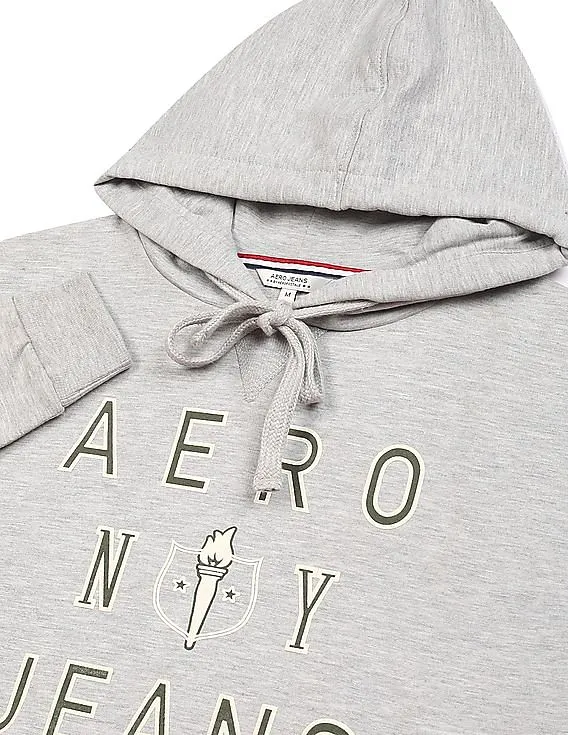 Aeropostale Women Light Grey Drawstring Hood Brand Print Heathered Sweatshirt for Women