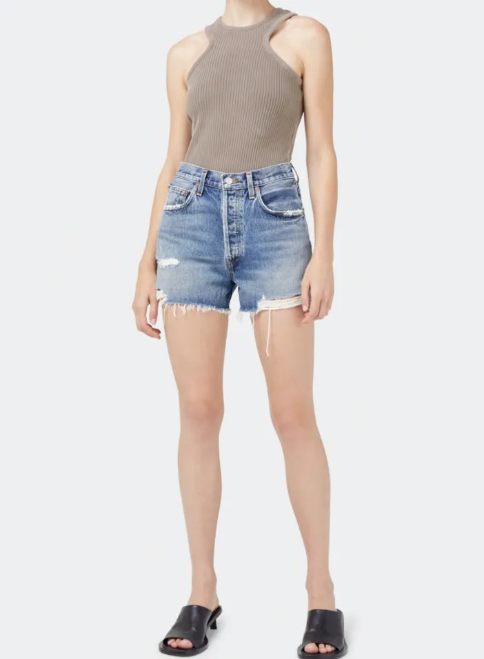 AGOLDE distressed high rise jean shorts turmoil color