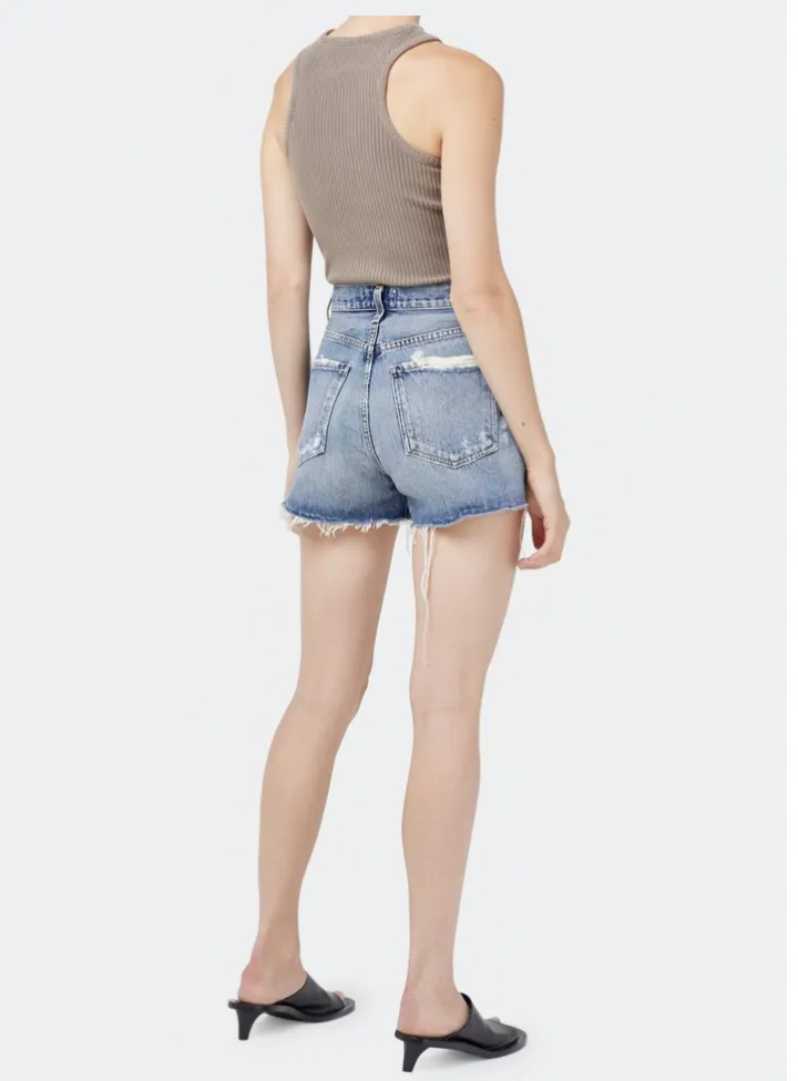 AGOLDE distressed high rise jean shorts turmoil color