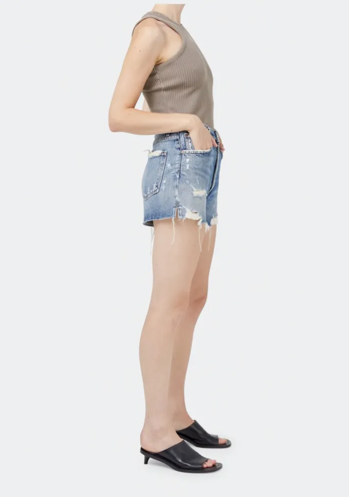 AGOLDE distressed high rise jean shorts turmoil color