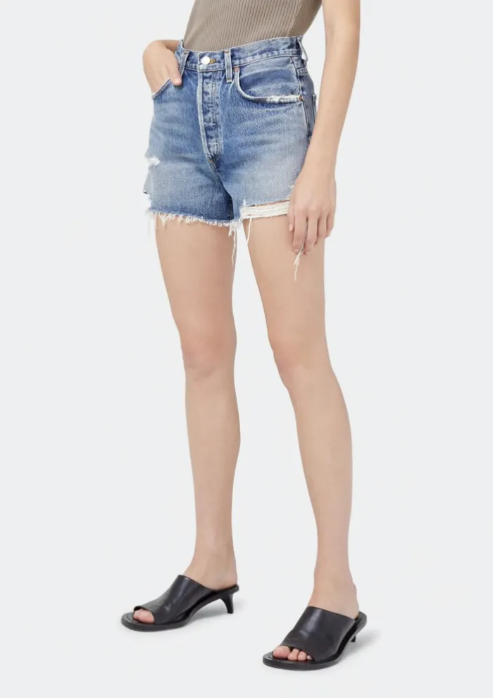 AGOLDE distressed high rise jean shorts turmoil color