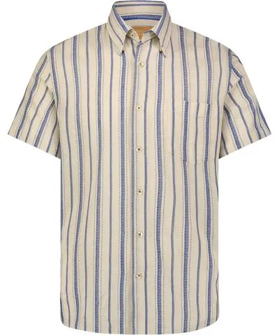 American Heritage Denim Blue Beige Striped Short Sleeve Shirt