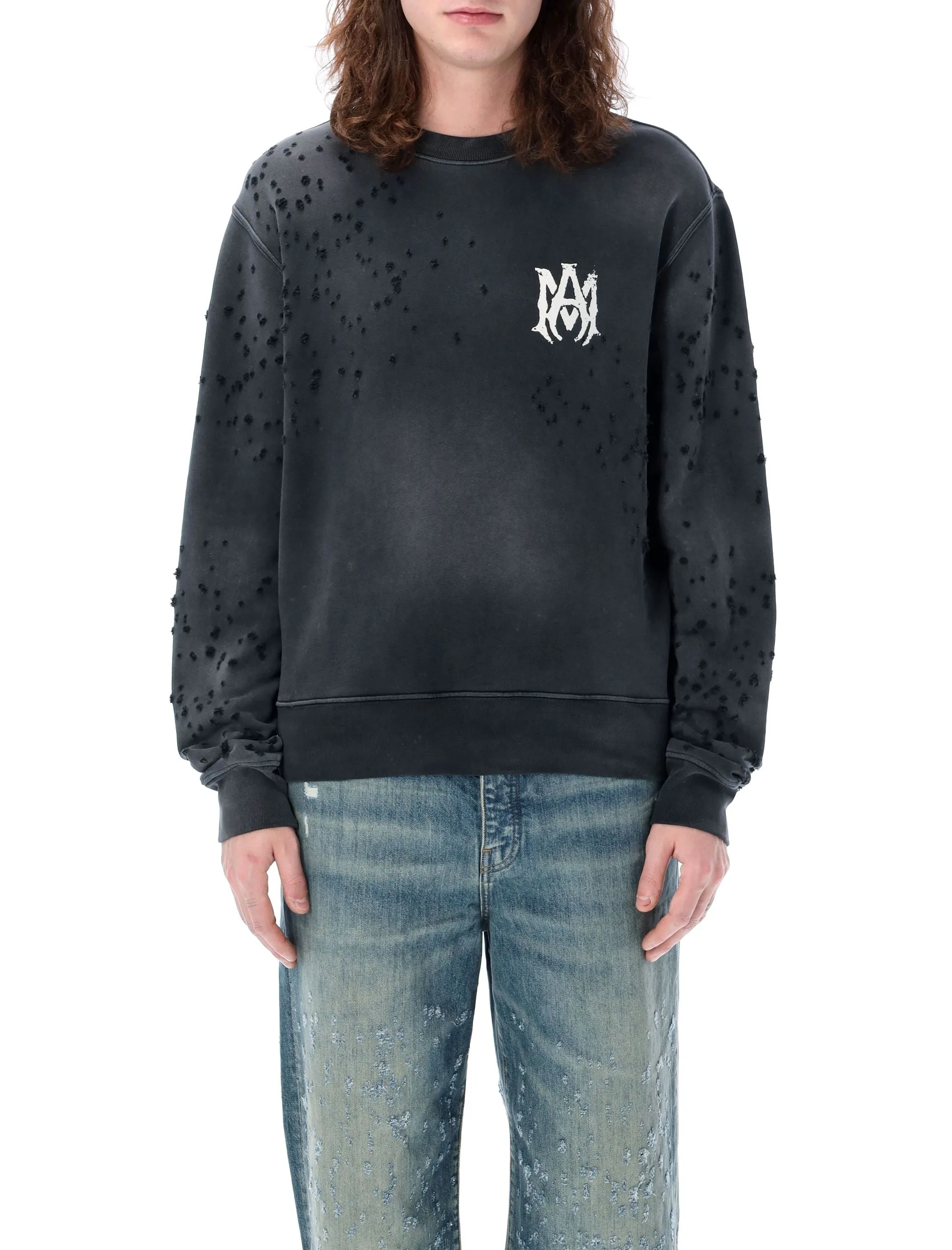 AMIRI Distressed Black Cotton Shotgun Sweatshirt for Men