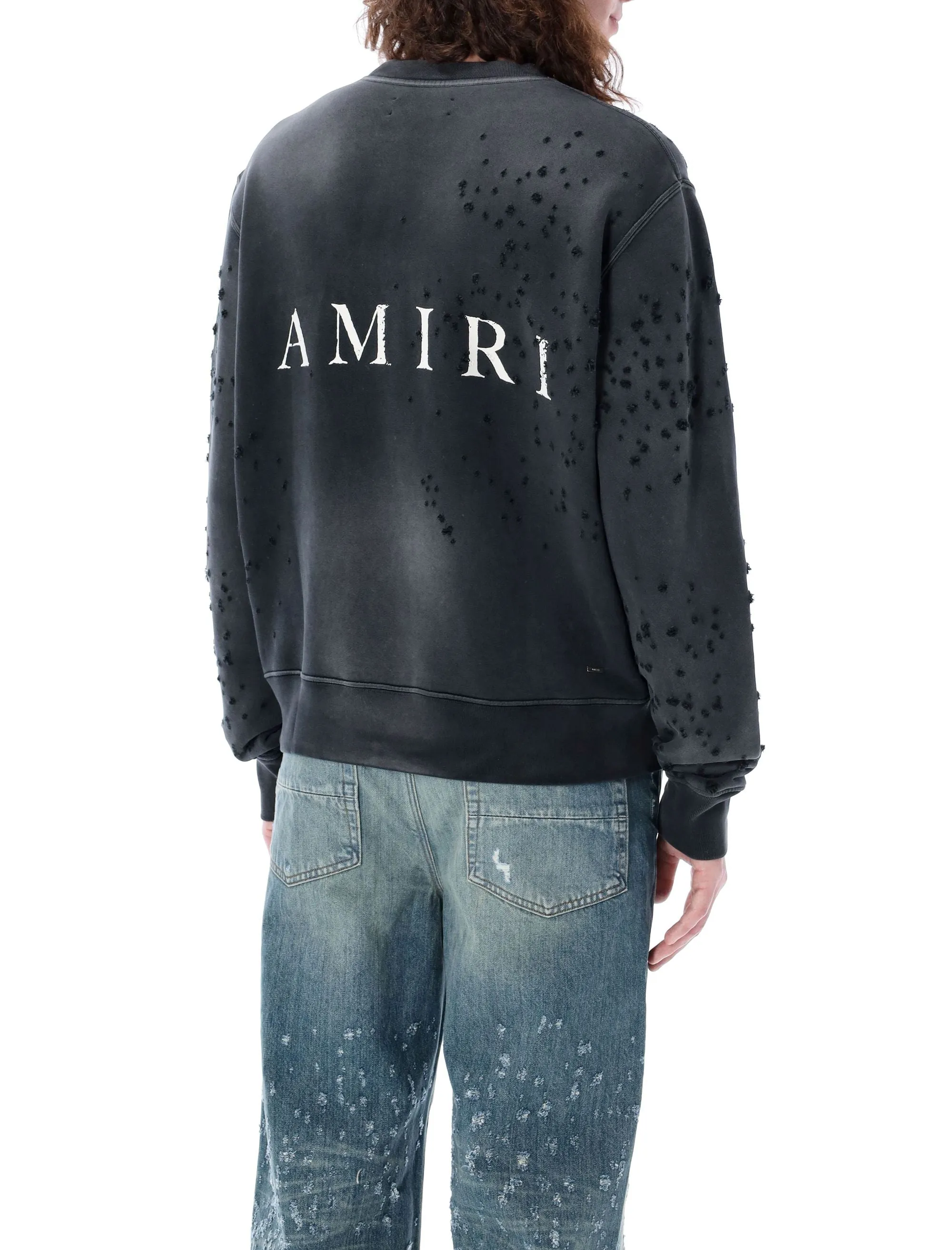 AMIRI Distressed Black Cotton Shotgun Sweatshirt for Men