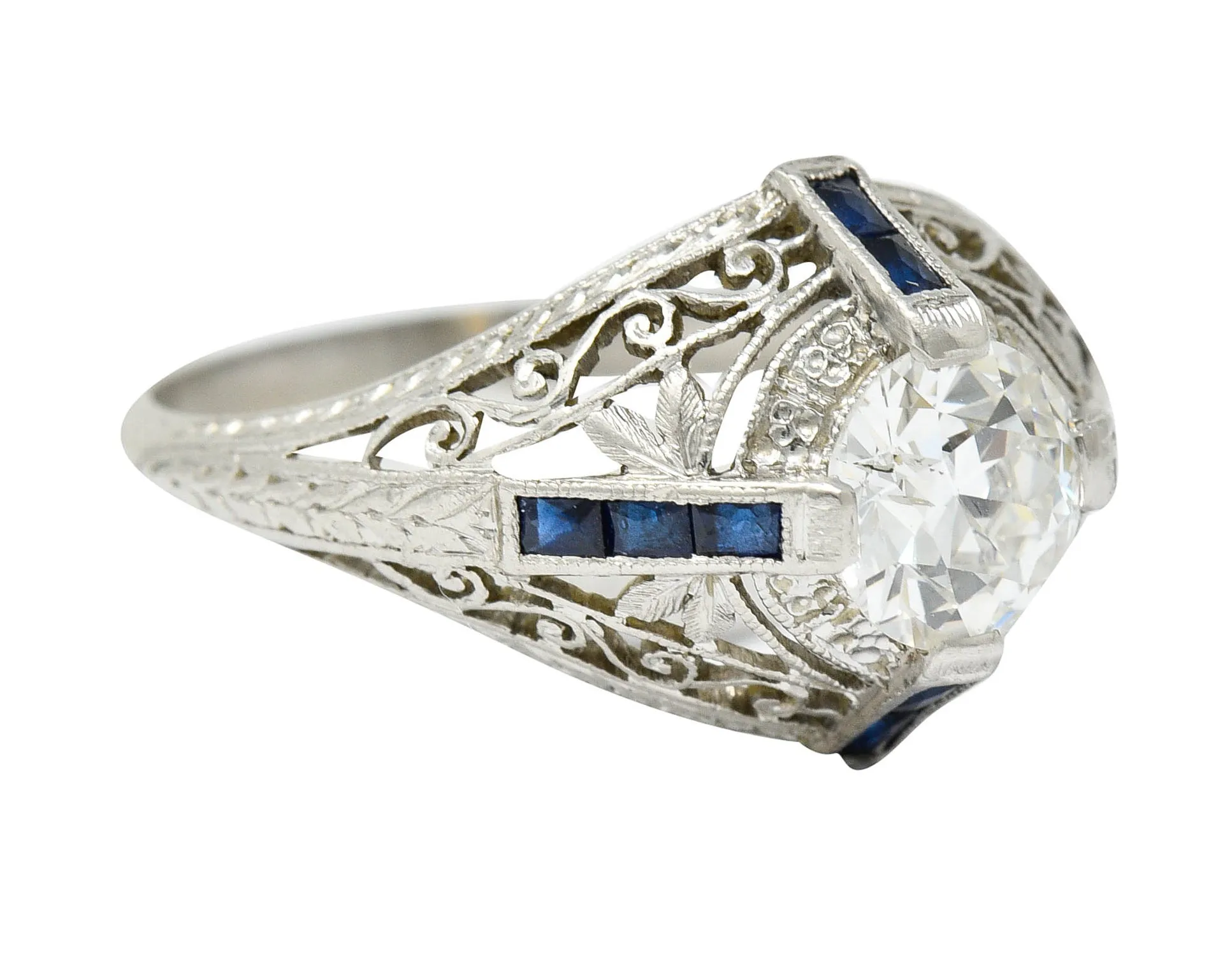 Art Deco 1.32 CTW Diamond Sapphire Platinum Foliate Engagement Ring