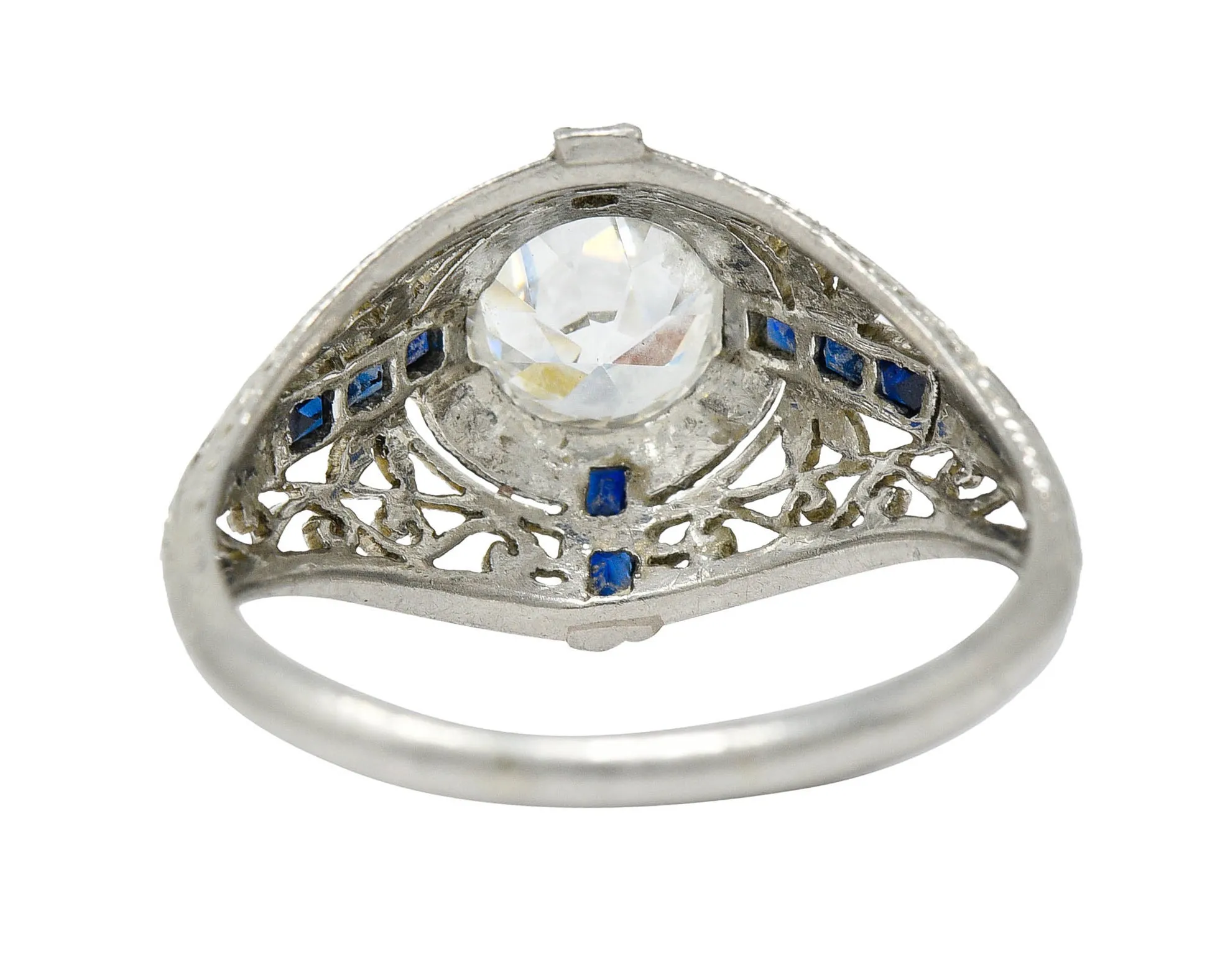 Art Deco 1.32 CTW Diamond Sapphire Platinum Foliate Engagement Ring