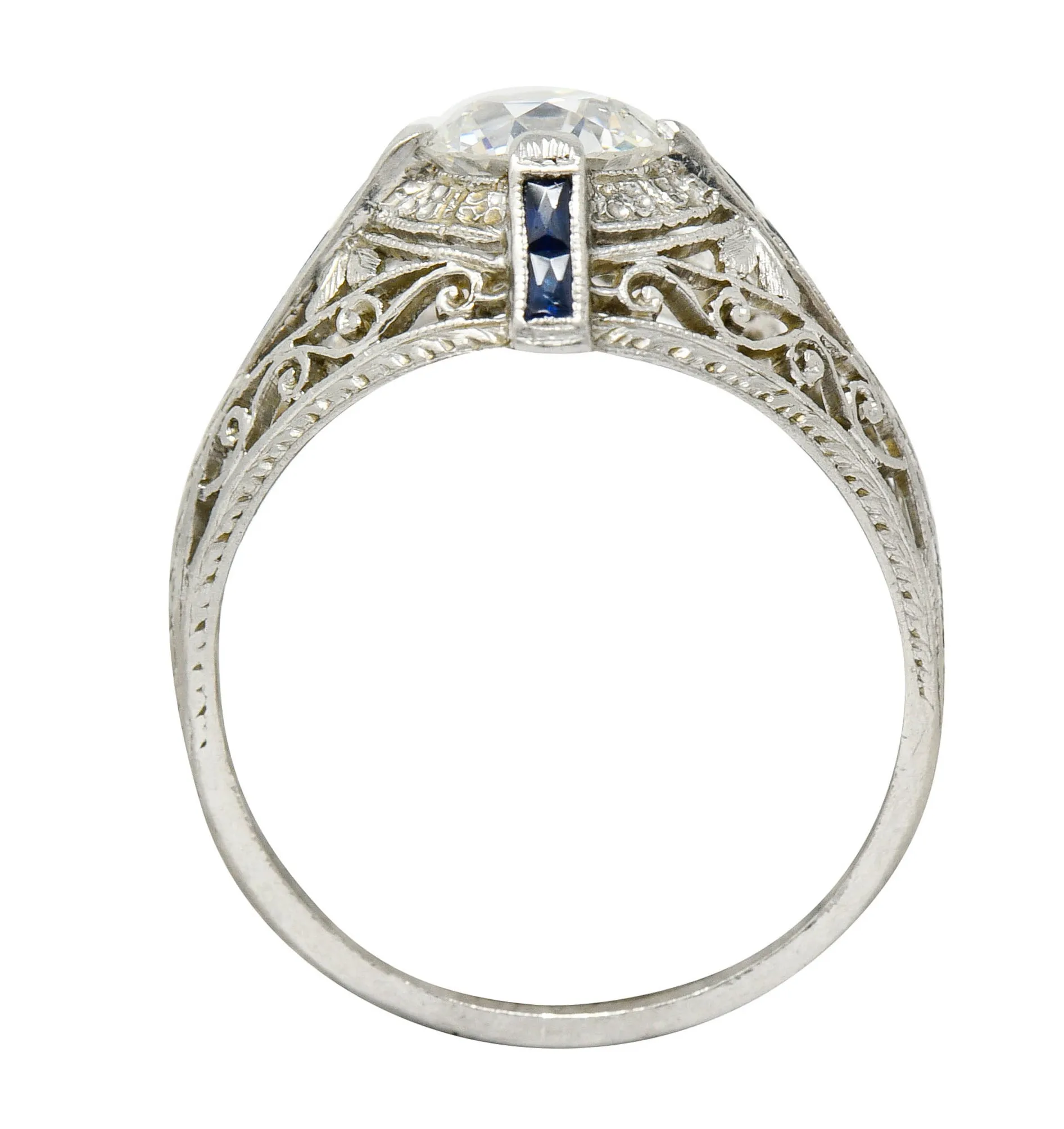 Art Deco 1.32 CTW Diamond Sapphire Platinum Foliate Engagement Ring