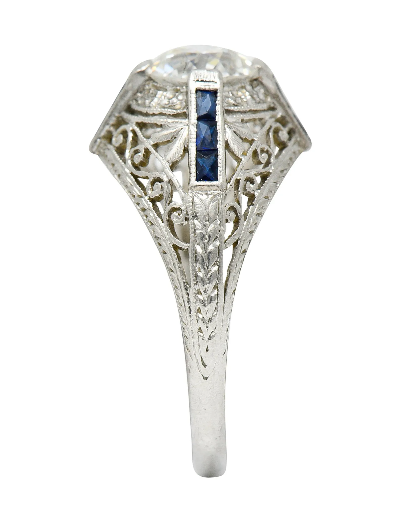 Art Deco 1.32 CTW Diamond Sapphire Platinum Foliate Engagement Ring