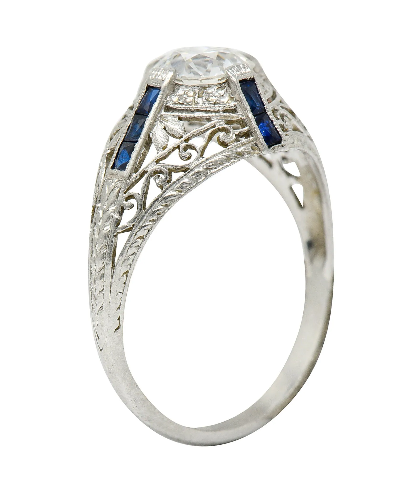 Art Deco 1.32 CTW Diamond Sapphire Platinum Foliate Engagement Ring