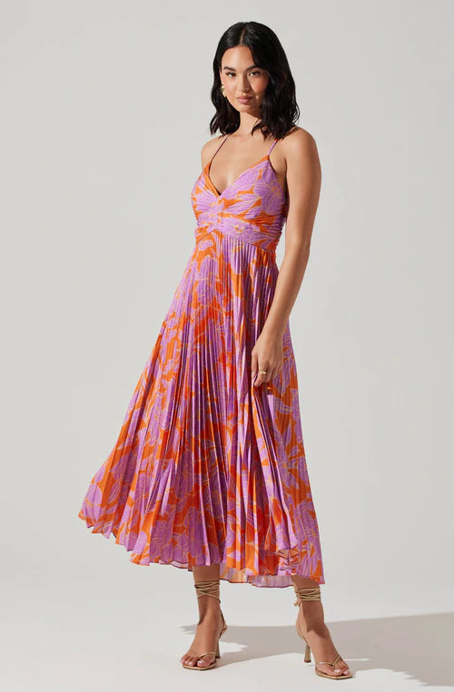 ASTR label Blythe floral pleated midi dress orange purple floral