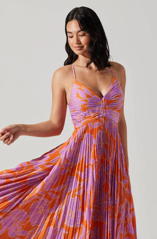 ASTR label Blythe floral pleated midi dress orange purple floral