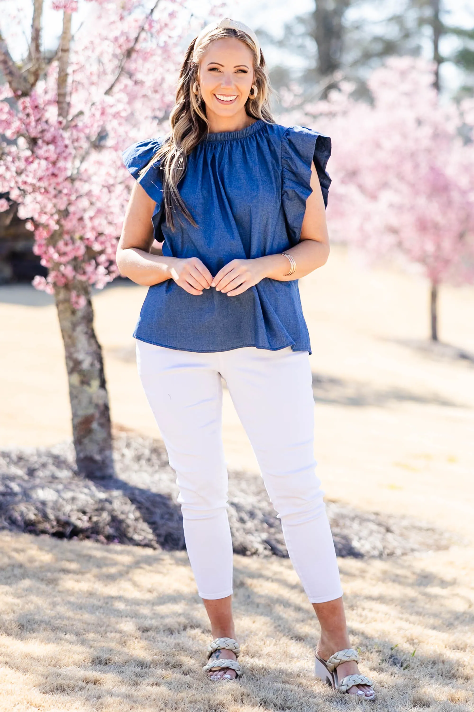 Azure Flower Blouse, Jeans