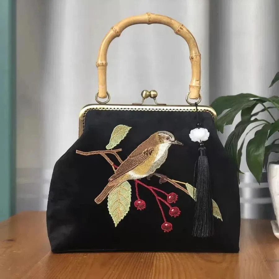 Bird Embroidery Fringe Bag - Wood Handle - Women's Handbags - Chain Strap Purses