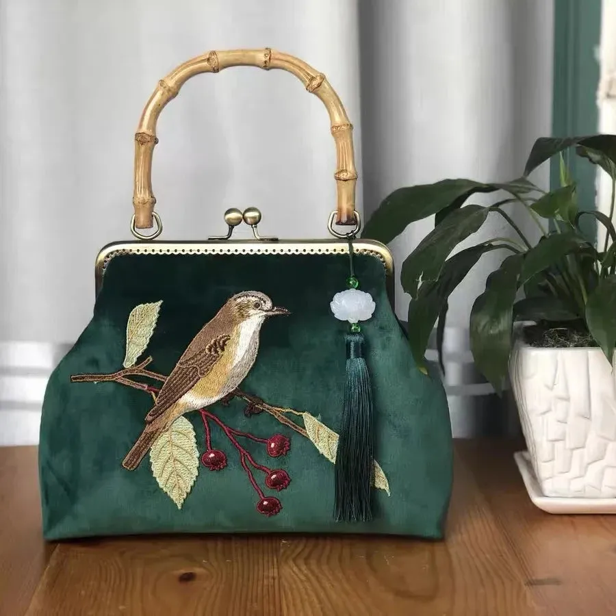 Bird Embroidery Fringe Bag - Wood Handle - Women's Handbags - Chain Strap Purses