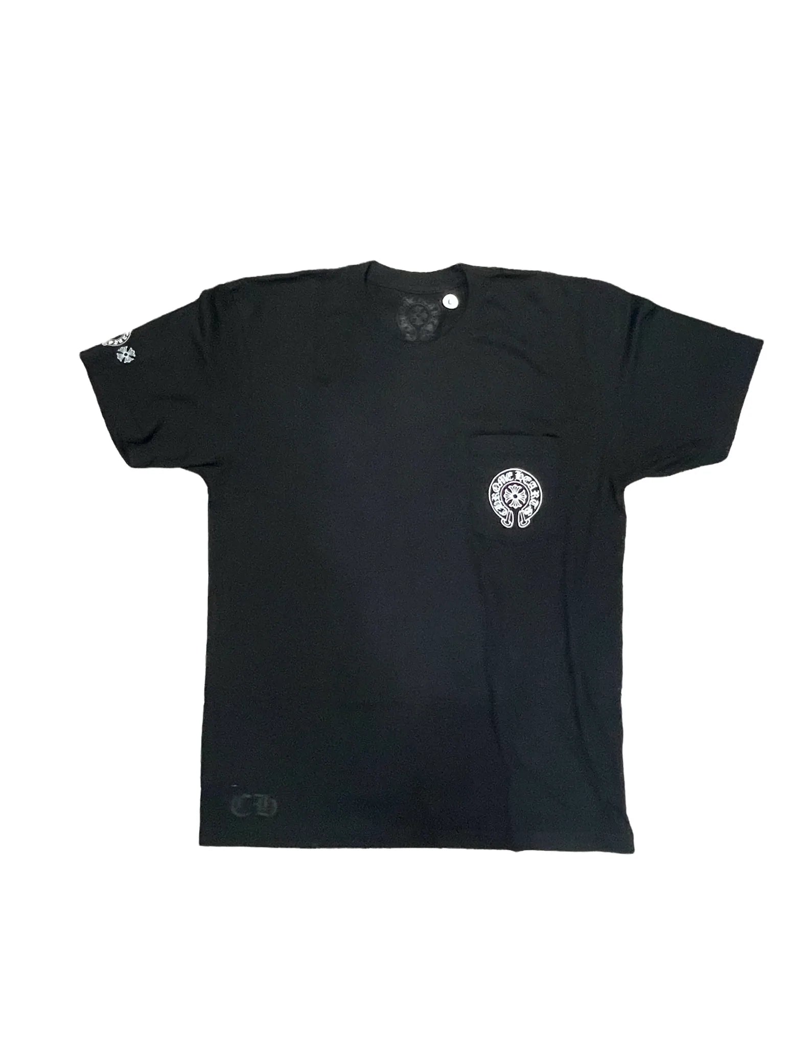 Black Chrome Hearts floral cross t-shirt with multi-color horse shoe design