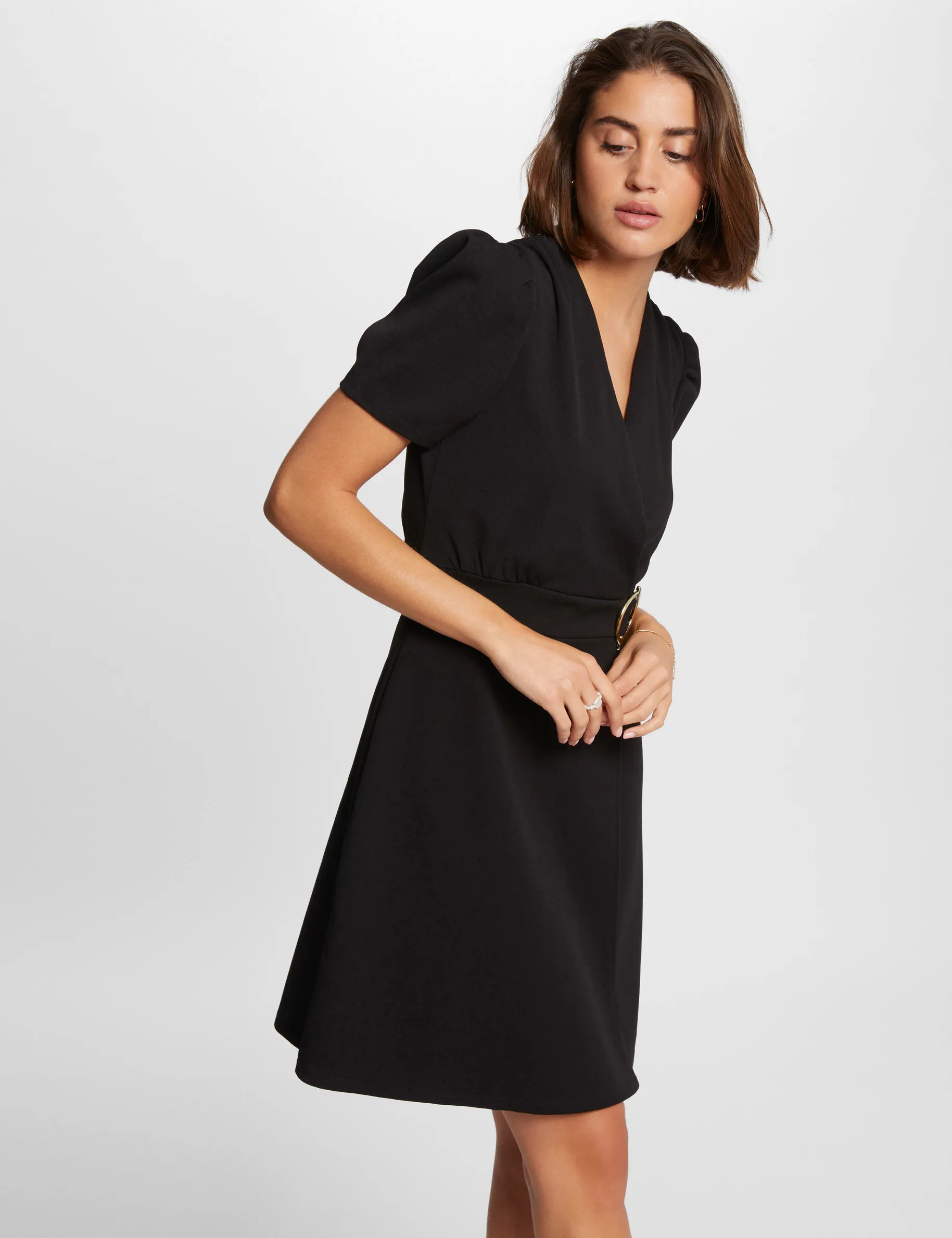 Black Draped Waisted Mini Dress for Women