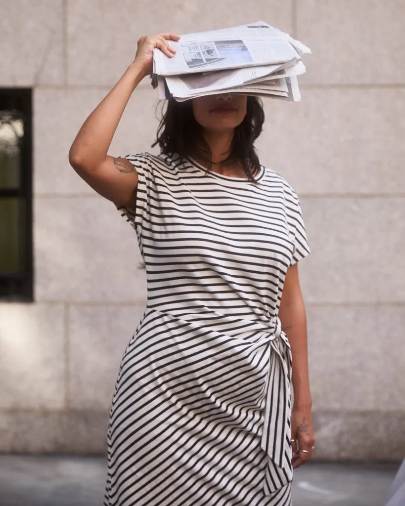 Black Ecru Crescent Breton Stripe Knot Dress