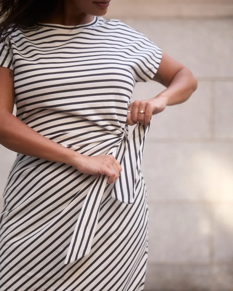 Black Ecru Crescent Breton Stripe Knot Dress