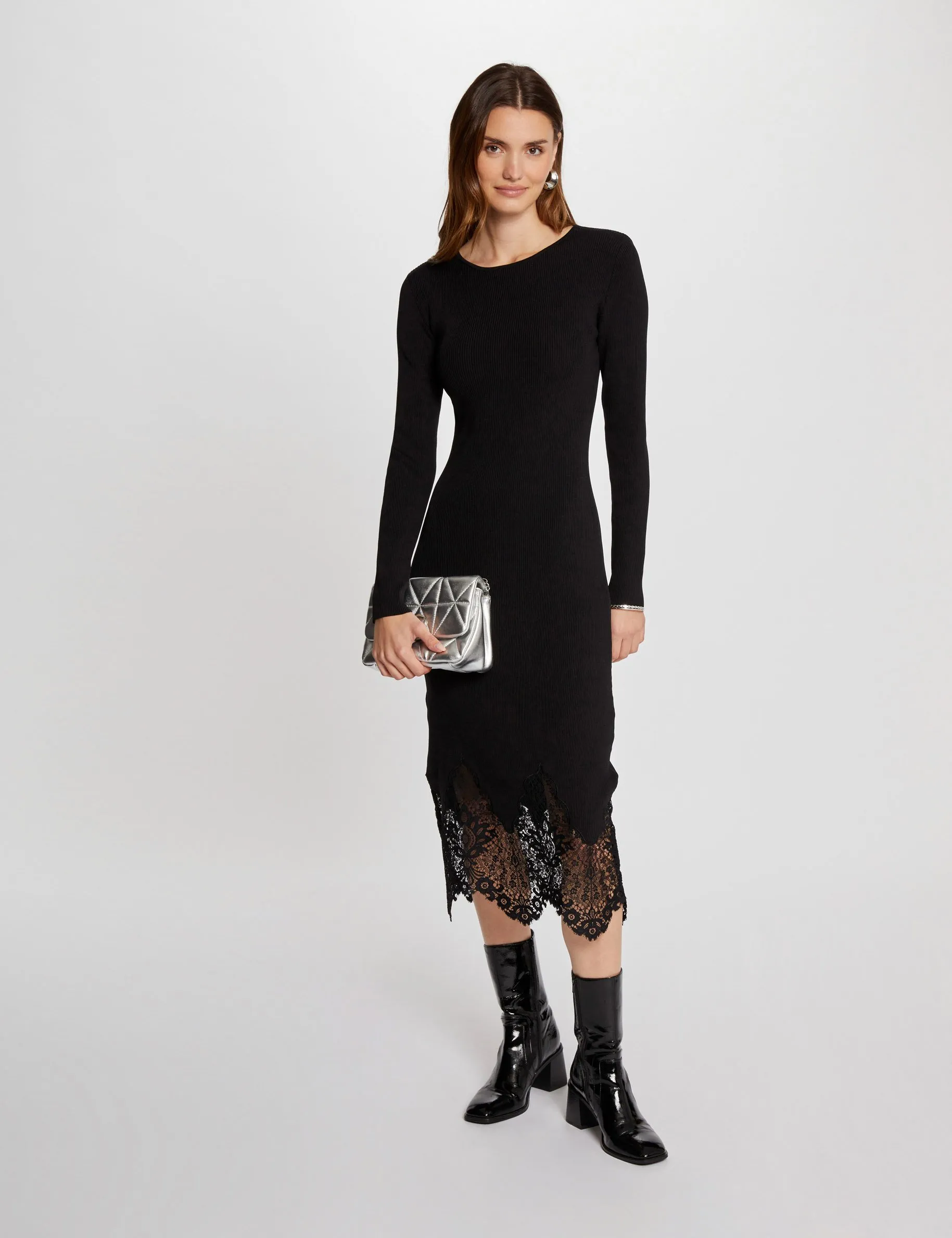 Black Fitted Midi Knitted Dress for Women