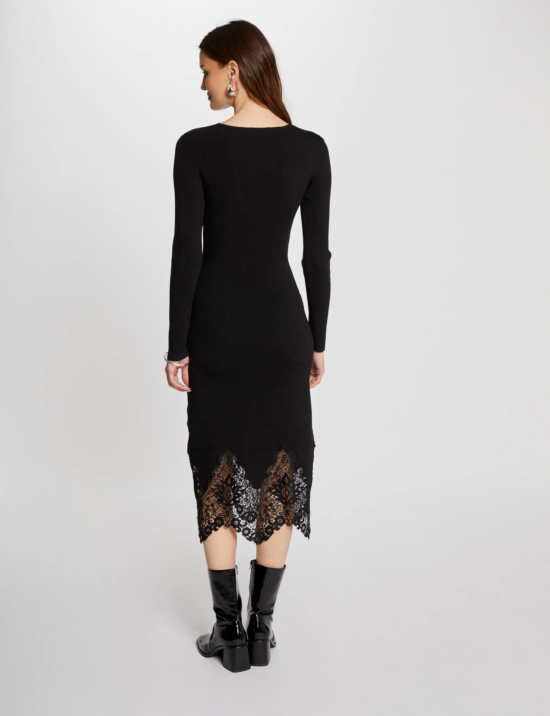 Black Fitted Midi Knitted Dress for Women