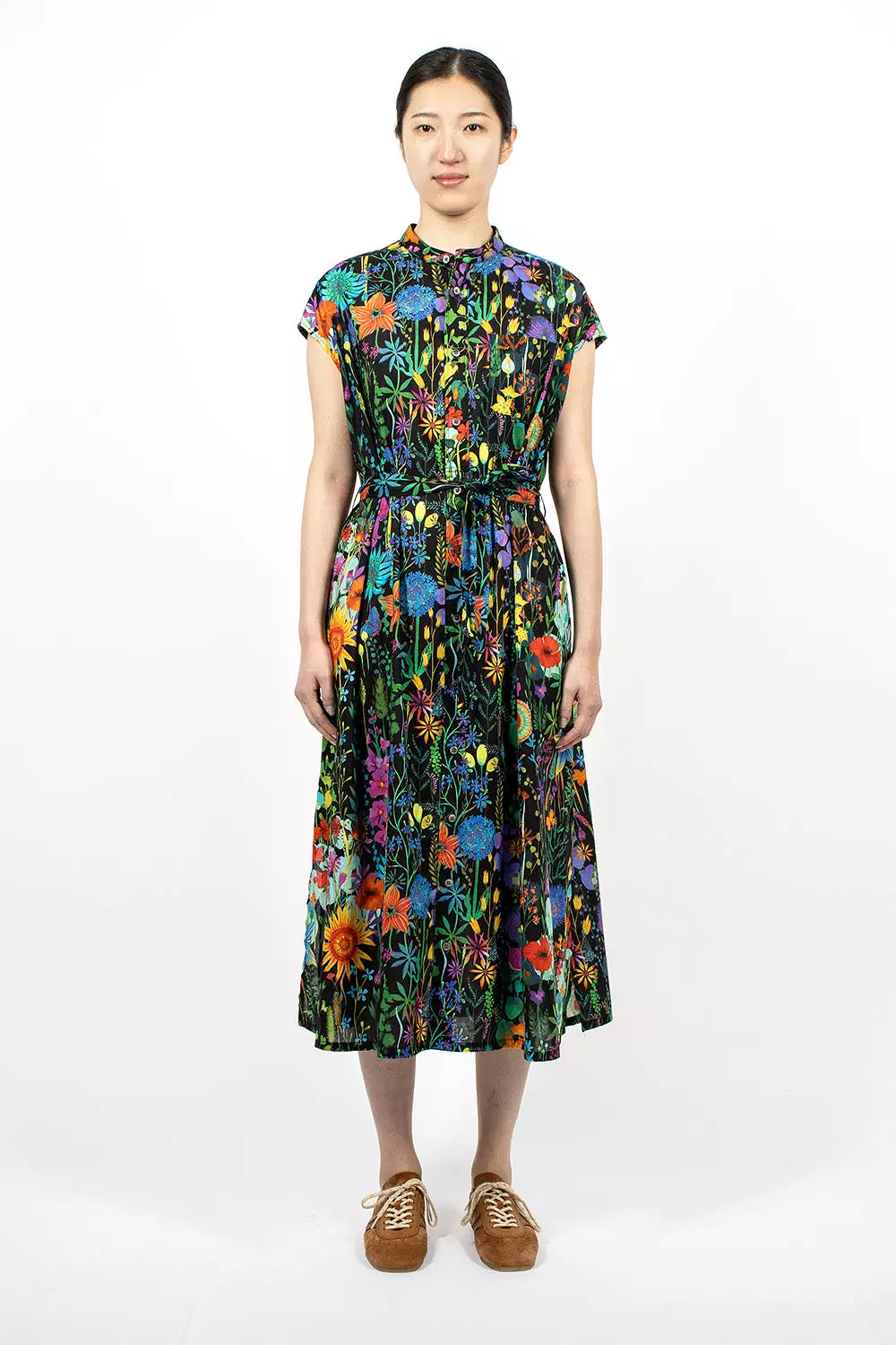 Black Floral Banded Collar Dress