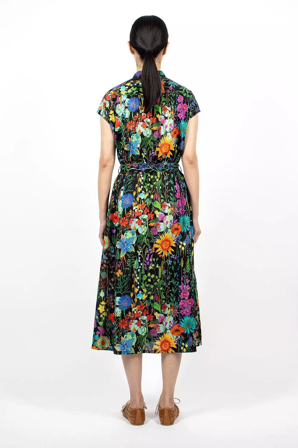 Black Floral Banded Collar Dress