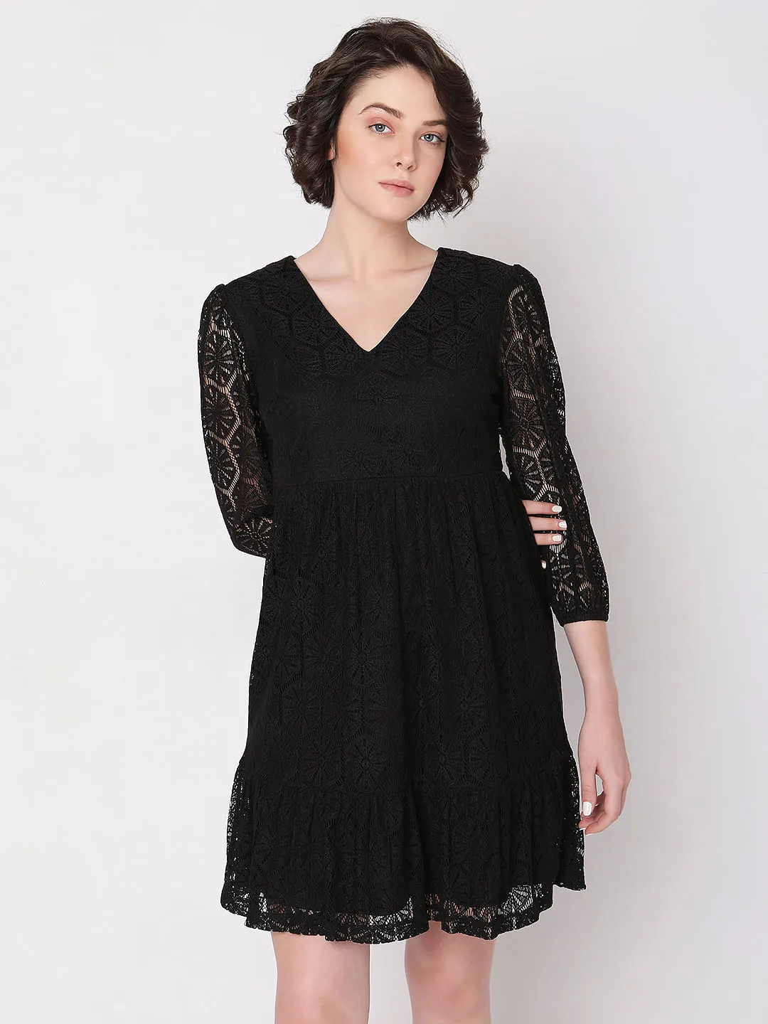 Black Lace Flare Dress for Women