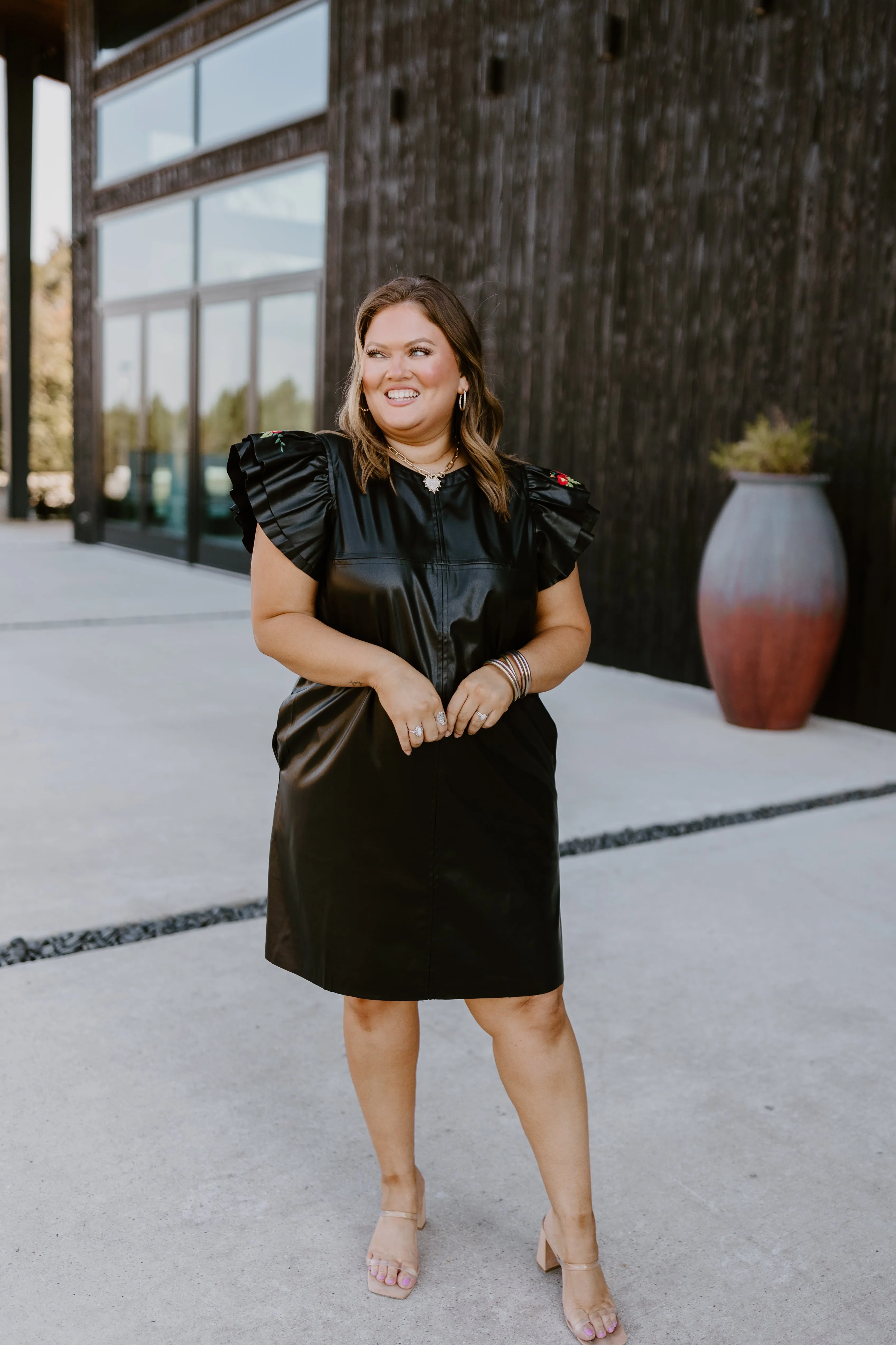 Black Leather Mini Dress with Flutter Sleeves