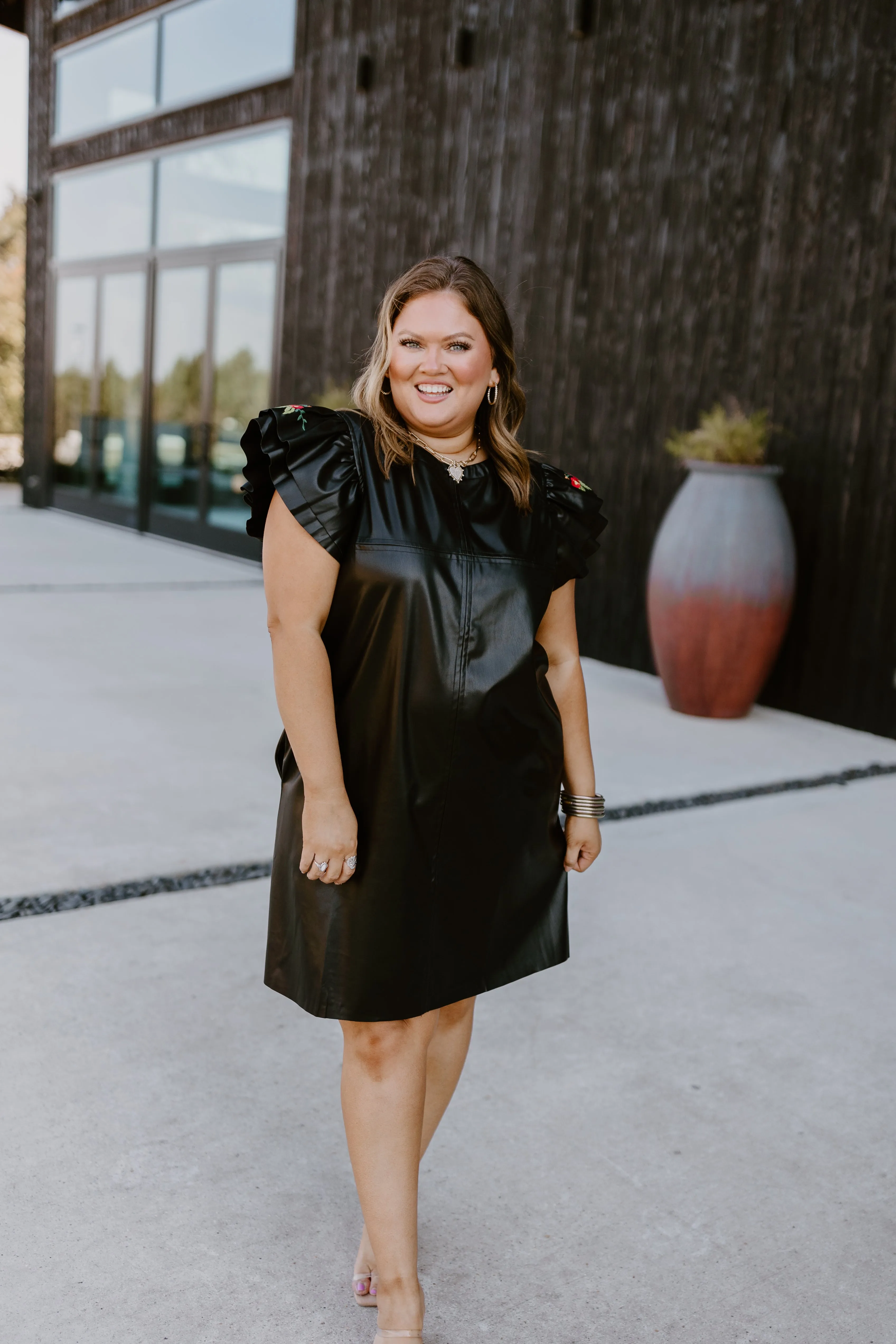 Black Leather Mini Dress with Flutter Sleeves