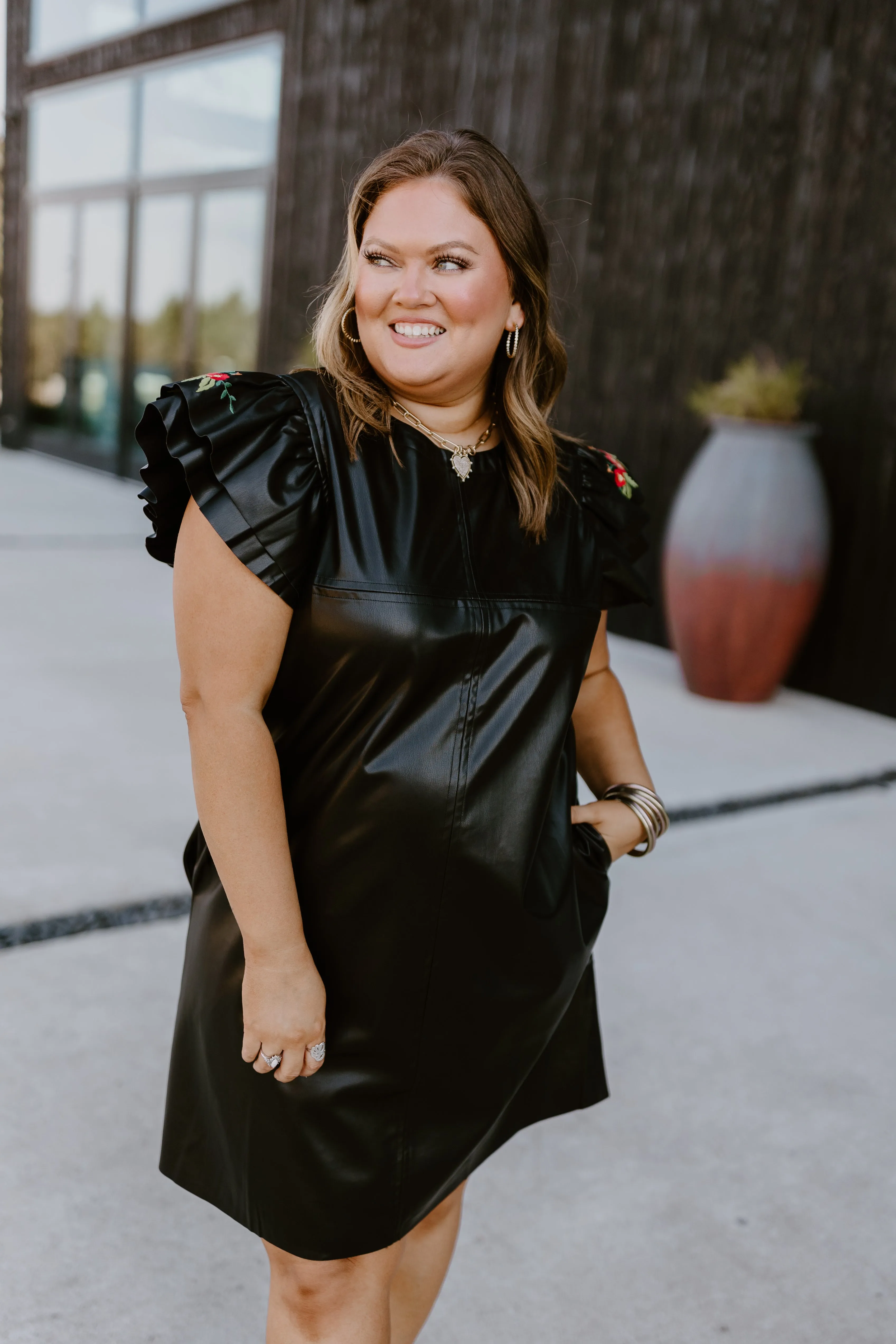 Black Leather Mini Dress with Flutter Sleeves