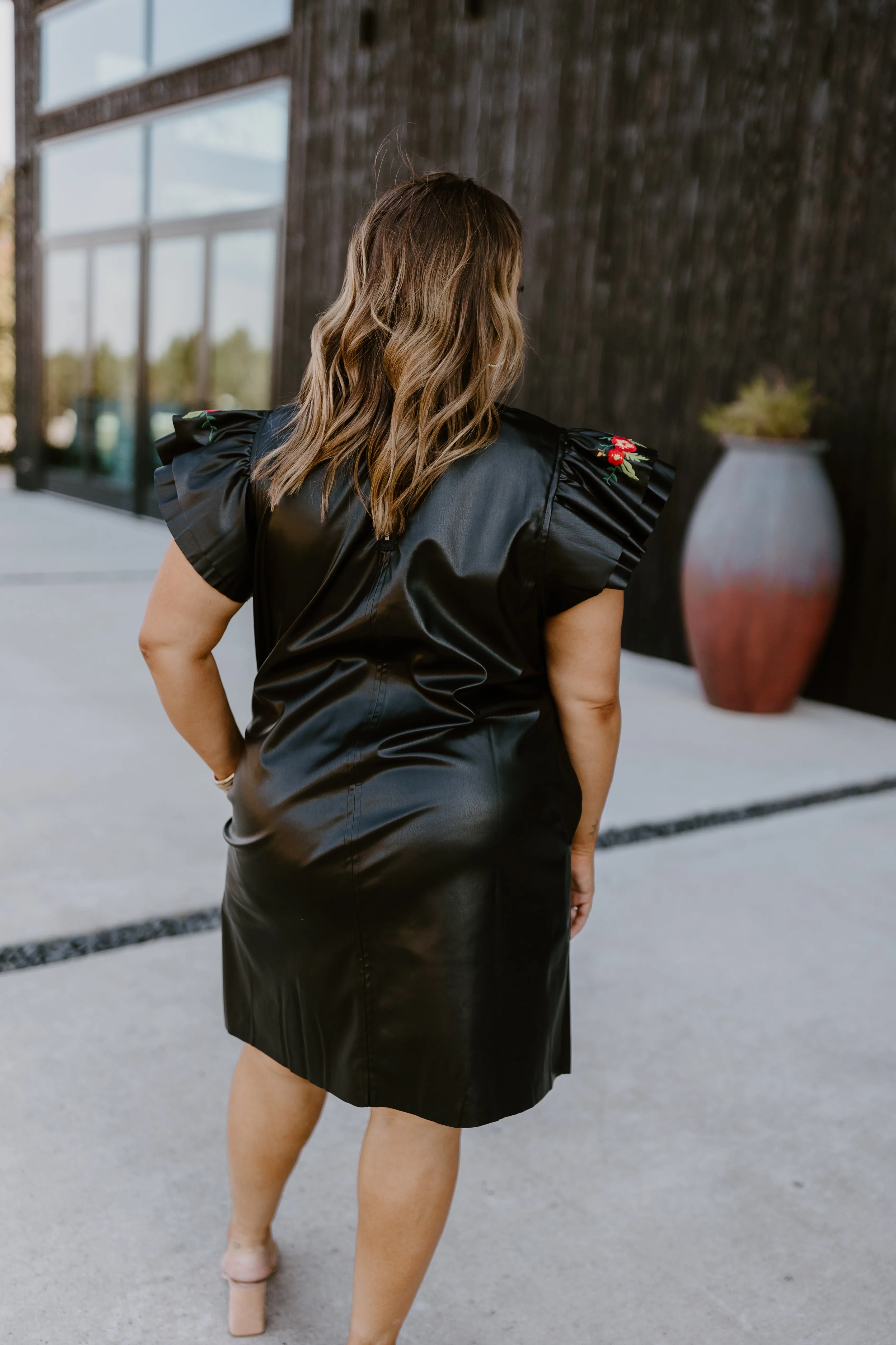 Black Leather Mini Dress with Flutter Sleeves