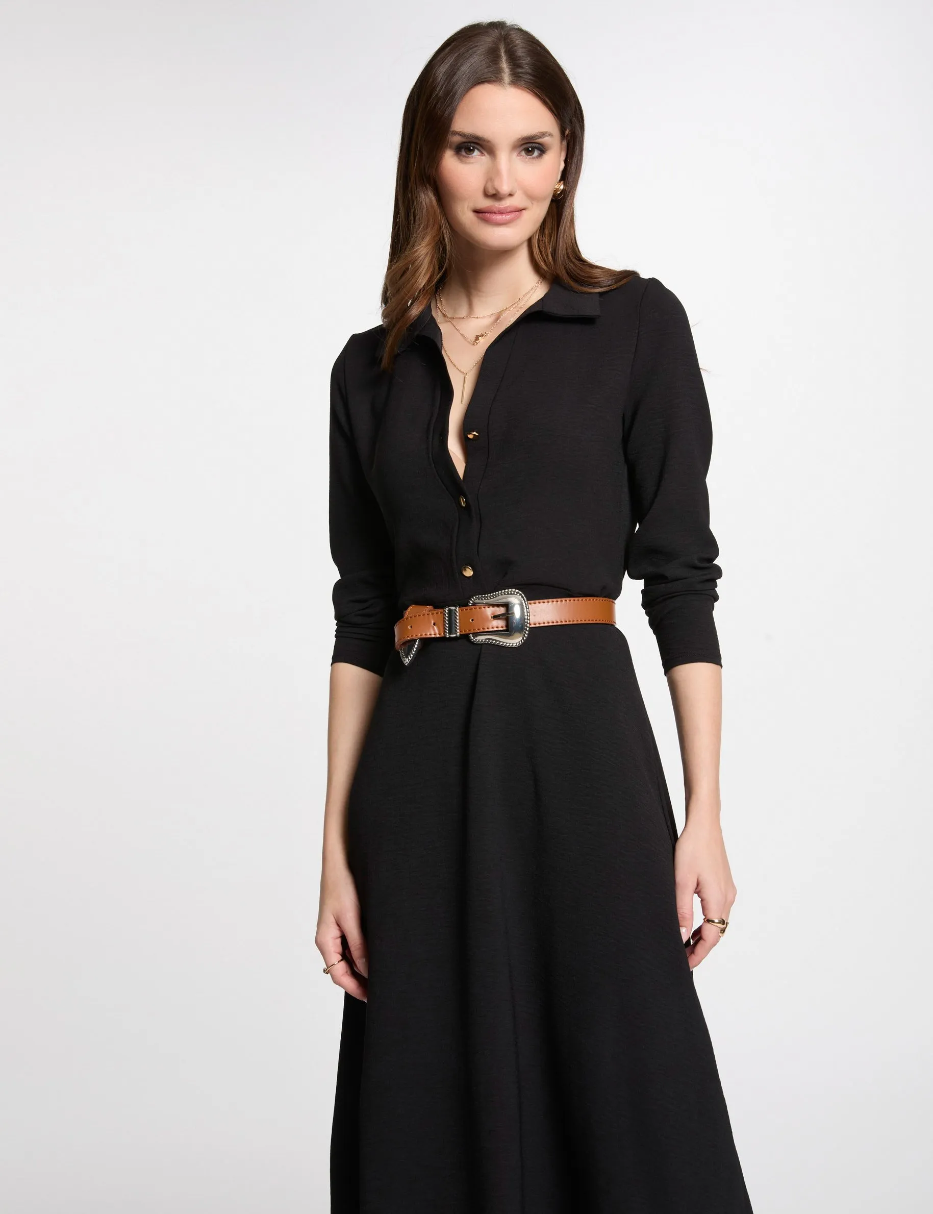 Black Loose Straight Midi Dress for Women